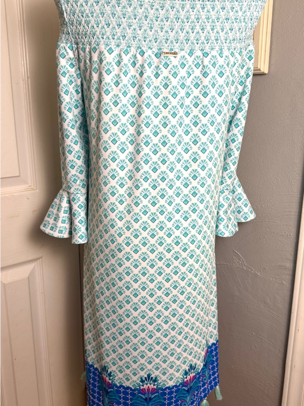 NWT Cabana Life XL Blue and White Off-Shoulder Tassel  Dress Resort Beach UPF 50 - Picture 6 of 14